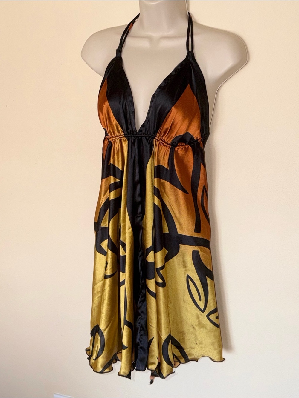 Y2K Black & Burnt Orange Satin Halter Dress - Picture 4 of 16